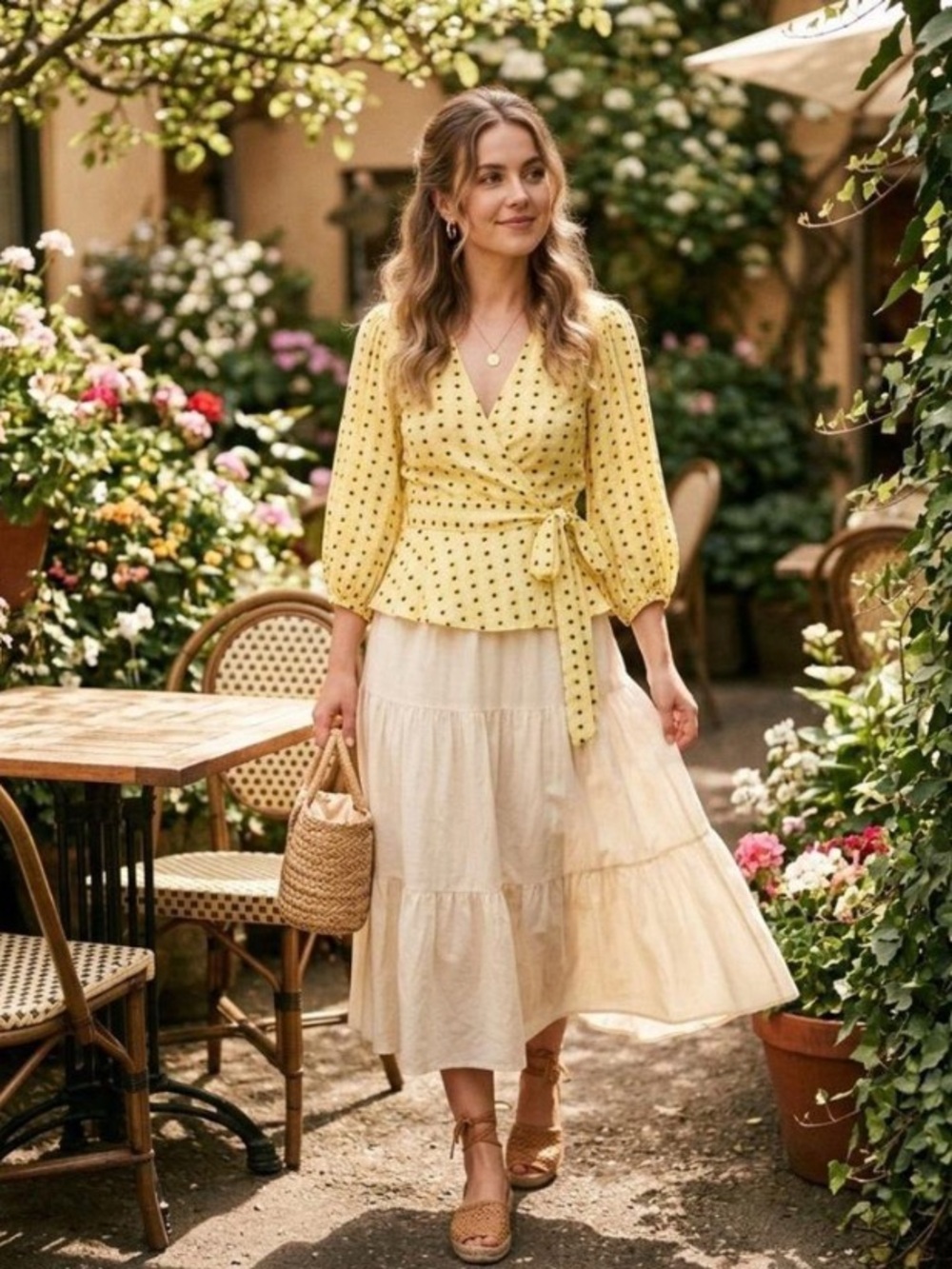 GANNI Yellow Daisy Printed Crepe Wrap Blouse Balloon Sleeve Size 34 US 2